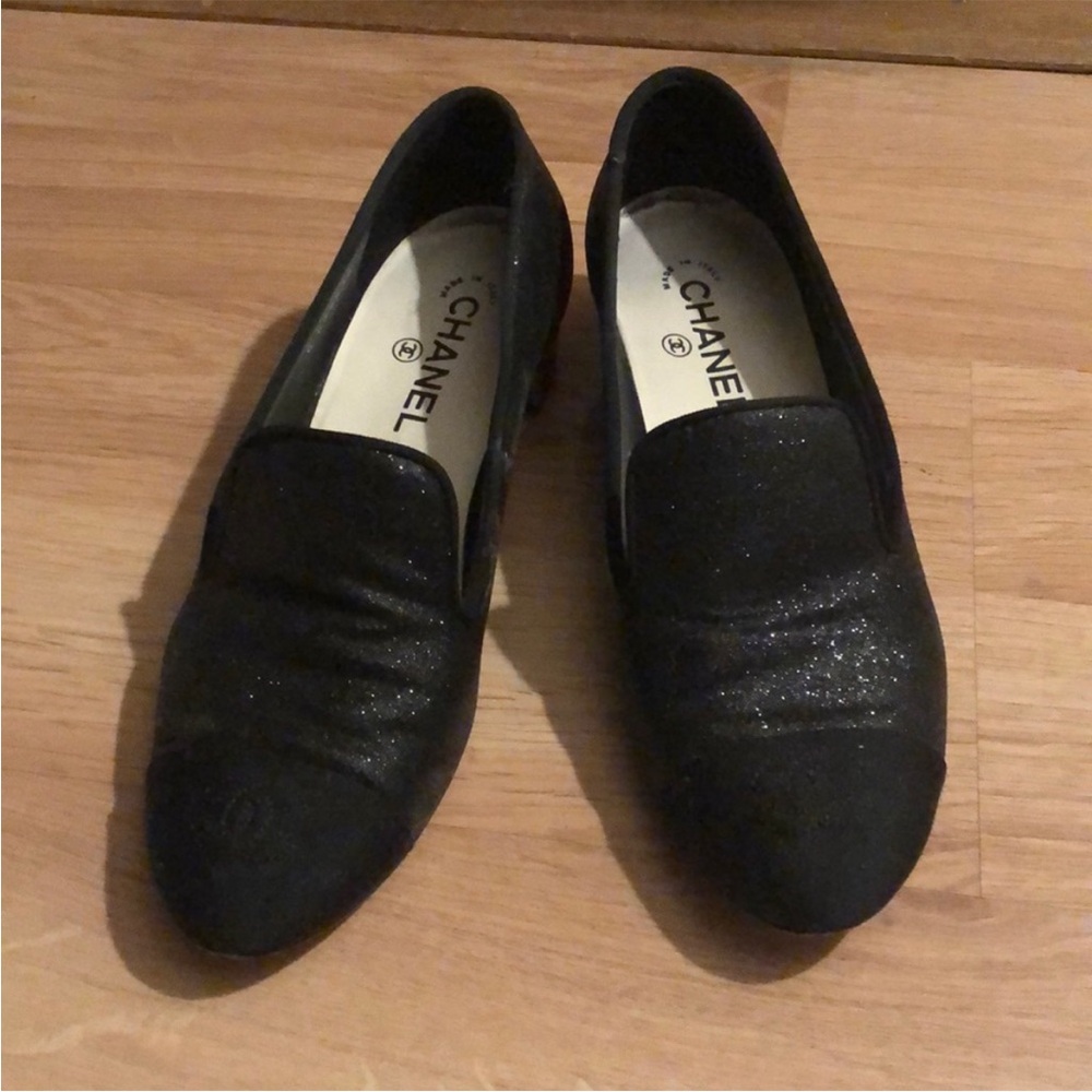 AUTHENTIC CHANEL Black Glitter Loafer